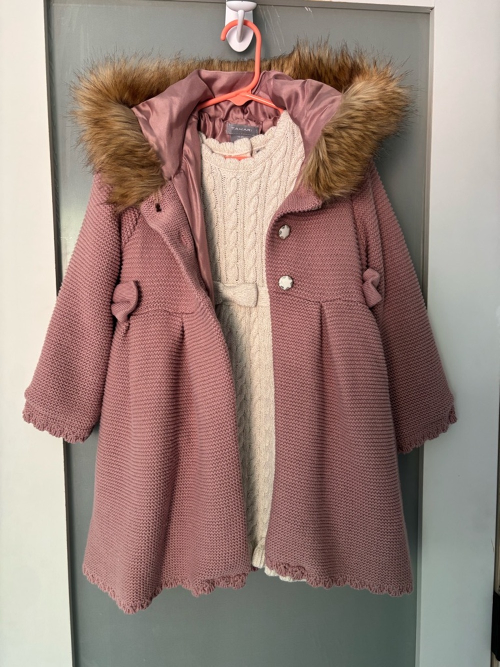 Tahari Girls 3T Dusty Pink Faux Fur Hood Coat + Sweater Dress Set Holiday Outfit